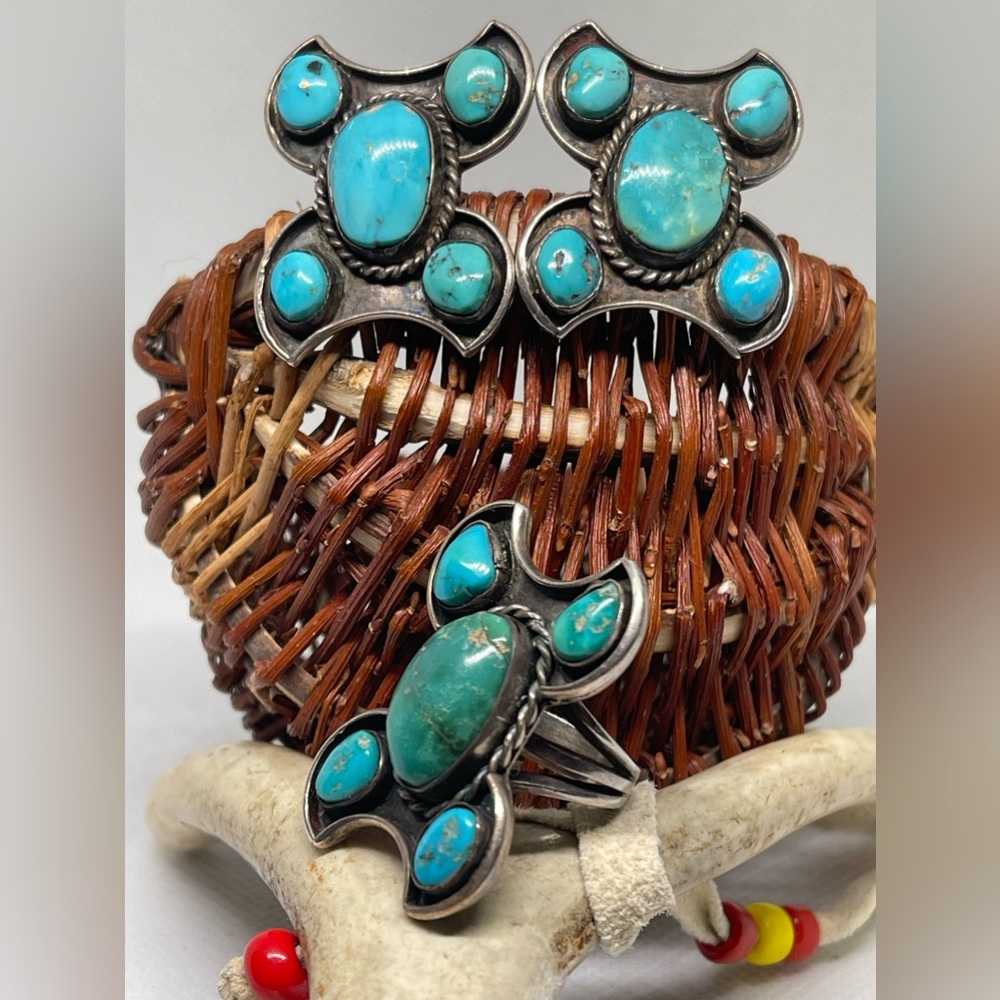 🛑SOLD🛑Vtg Native American Old Pawn SterlingSilver Turquoise Ring & Clip Earrings